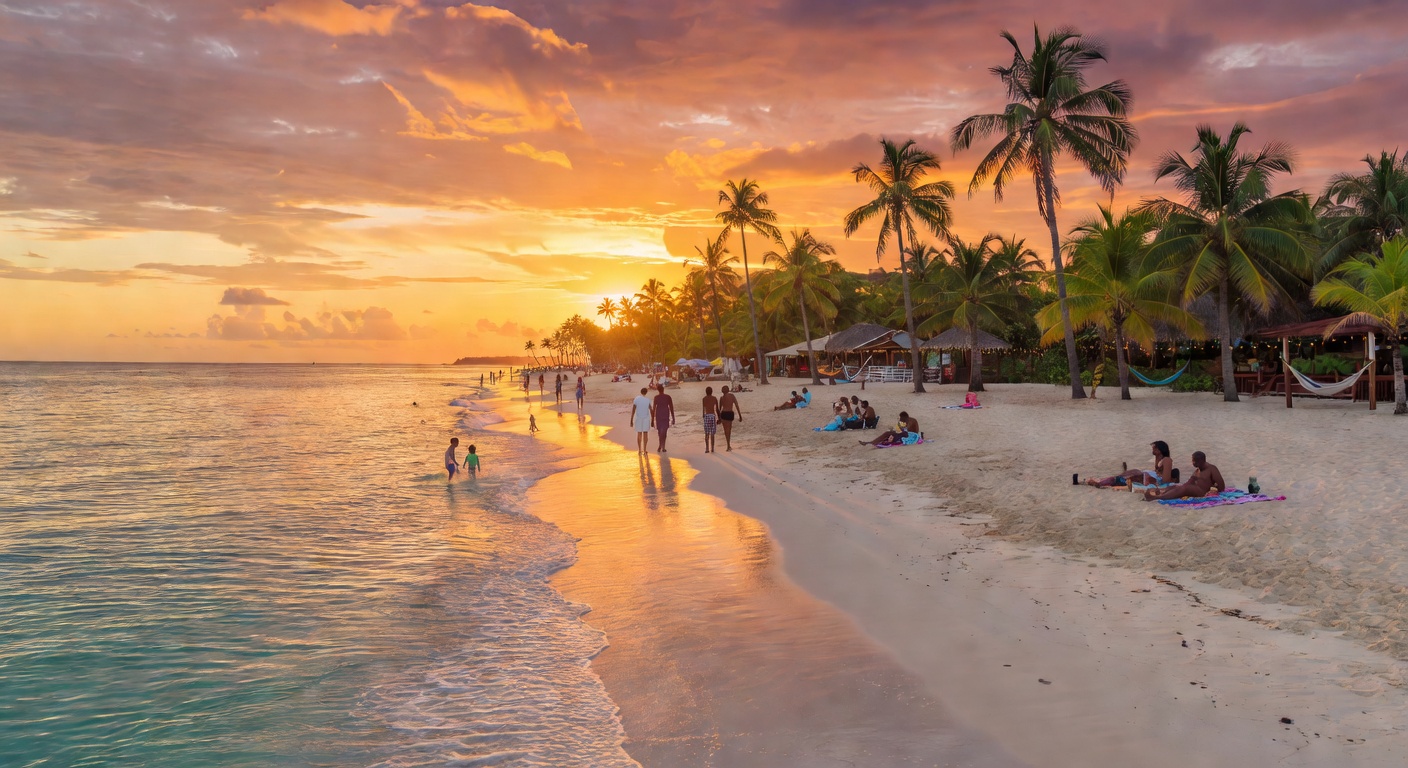 Caribbean tropical atmosphere, warm golden light, no text