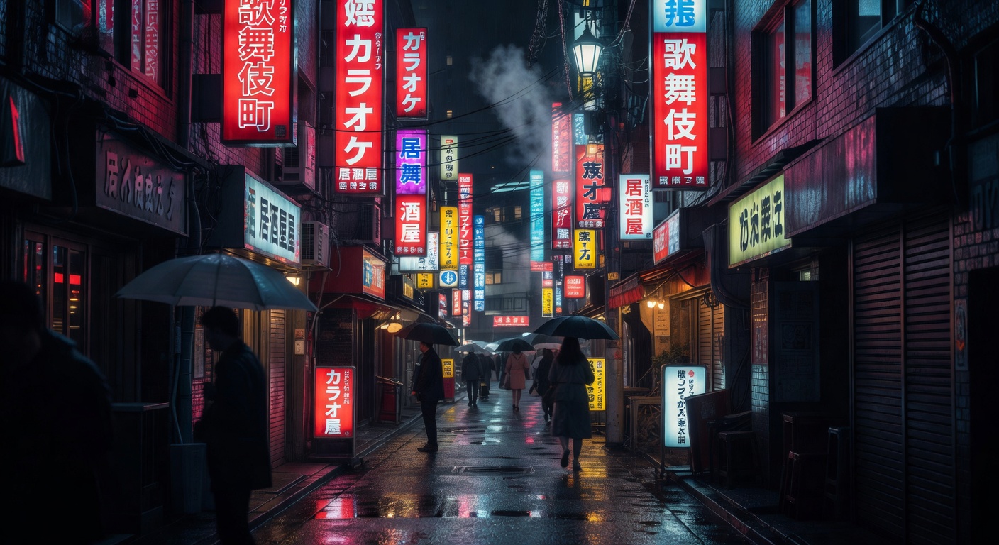 dense neon signs in Japanese, narrow alley, cinematic, Blade Runner aesthetic, no text overlay