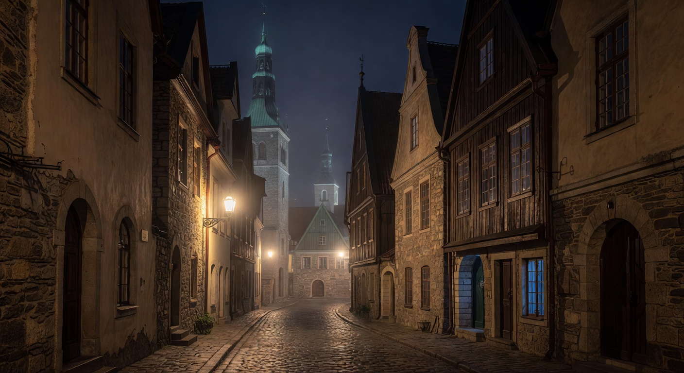 atmospheric Latvian medieval architecture, warm lights, no text