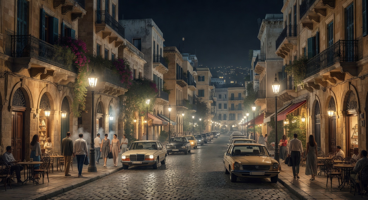 atmospheric Mediterranean city street, warm lights, no text