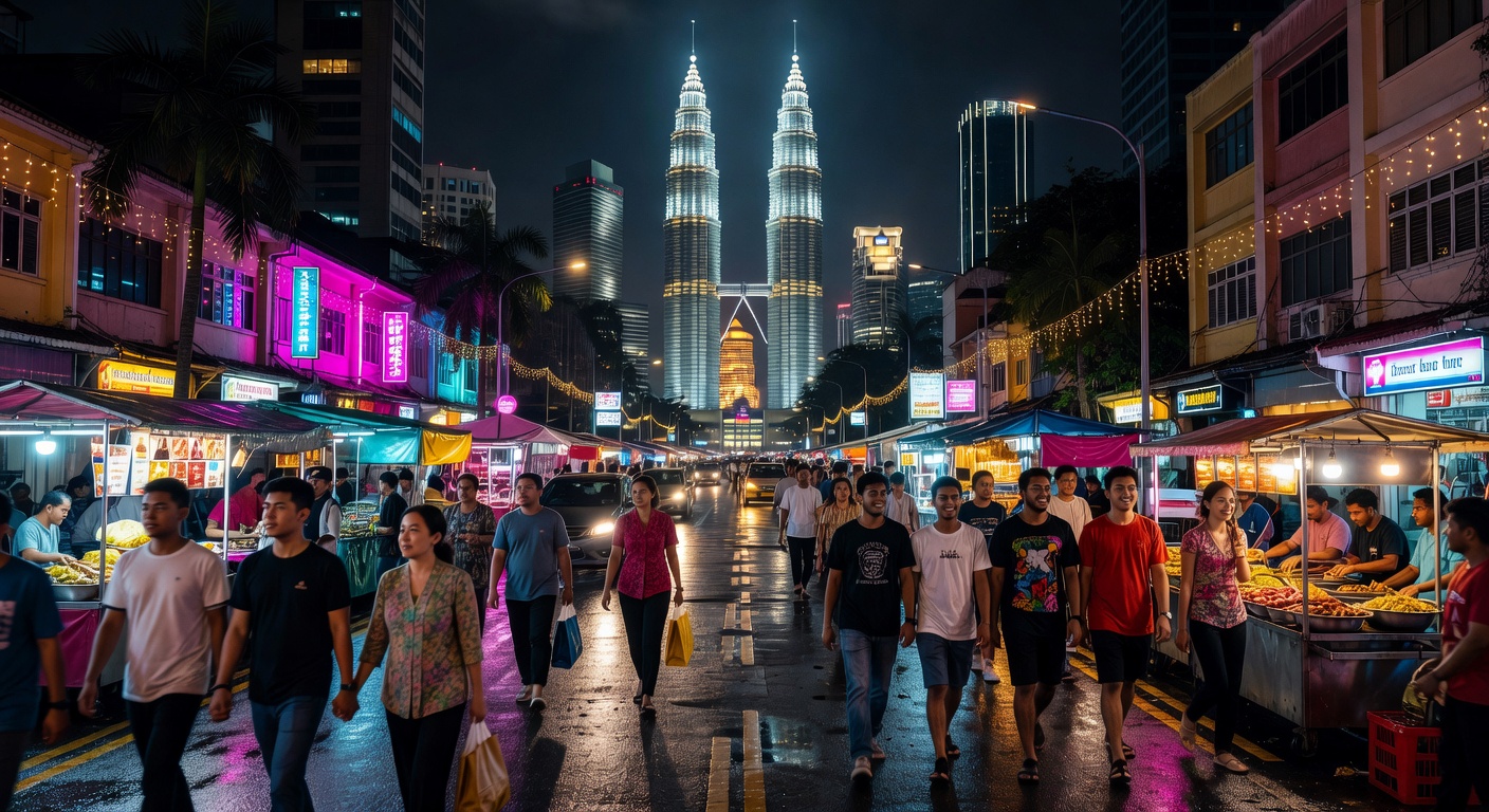 Petronas towers in distance, vibrant Malaysian street, no text