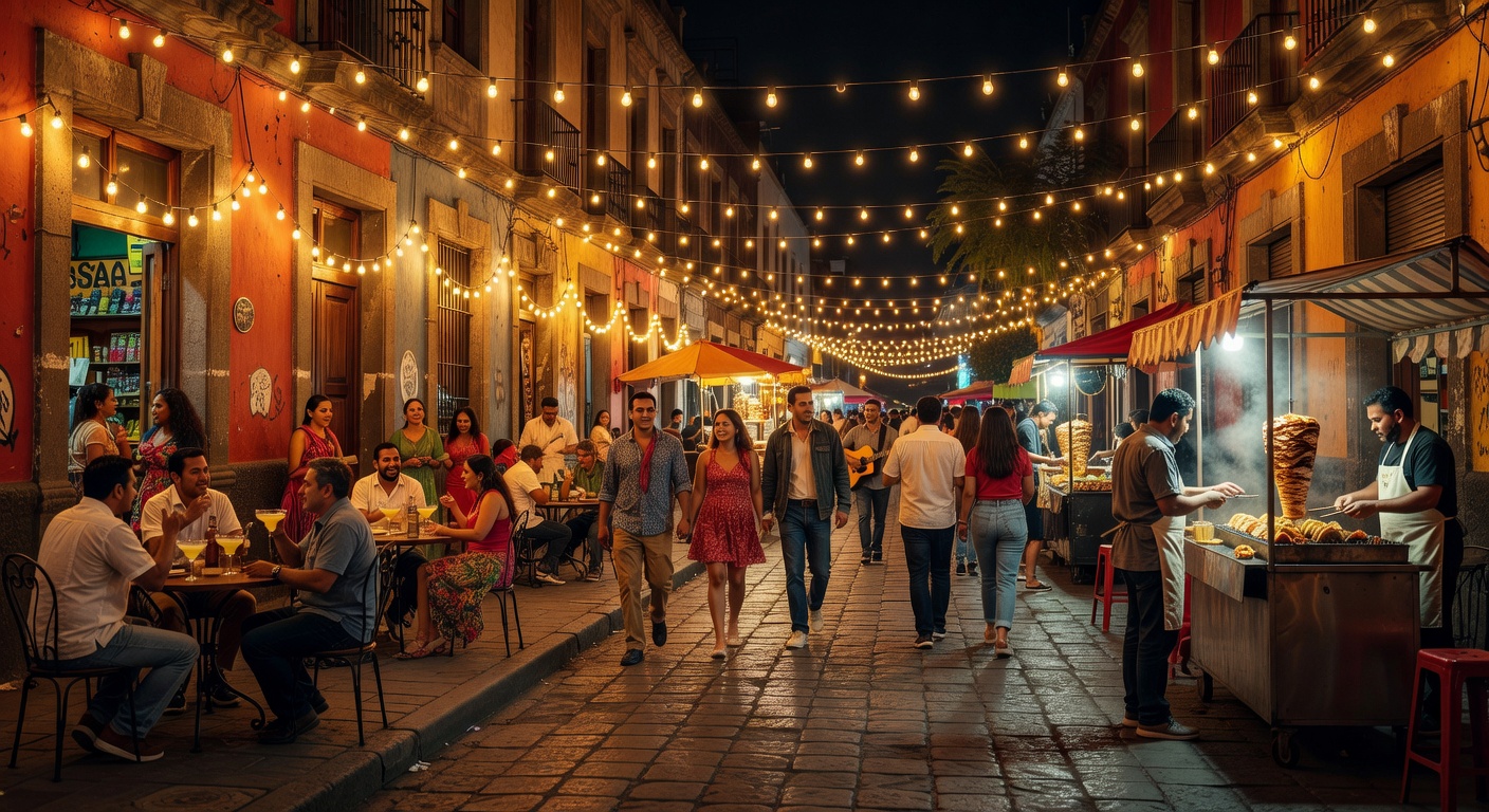 vibrant Latin American street, warm string lights, cantina atmosphere, no text