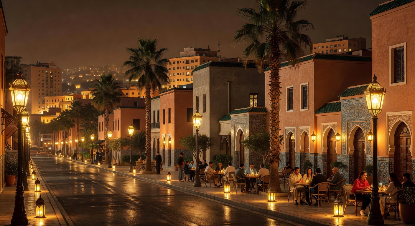 atmospheric Moroccan modern district, warm street lights, no text
