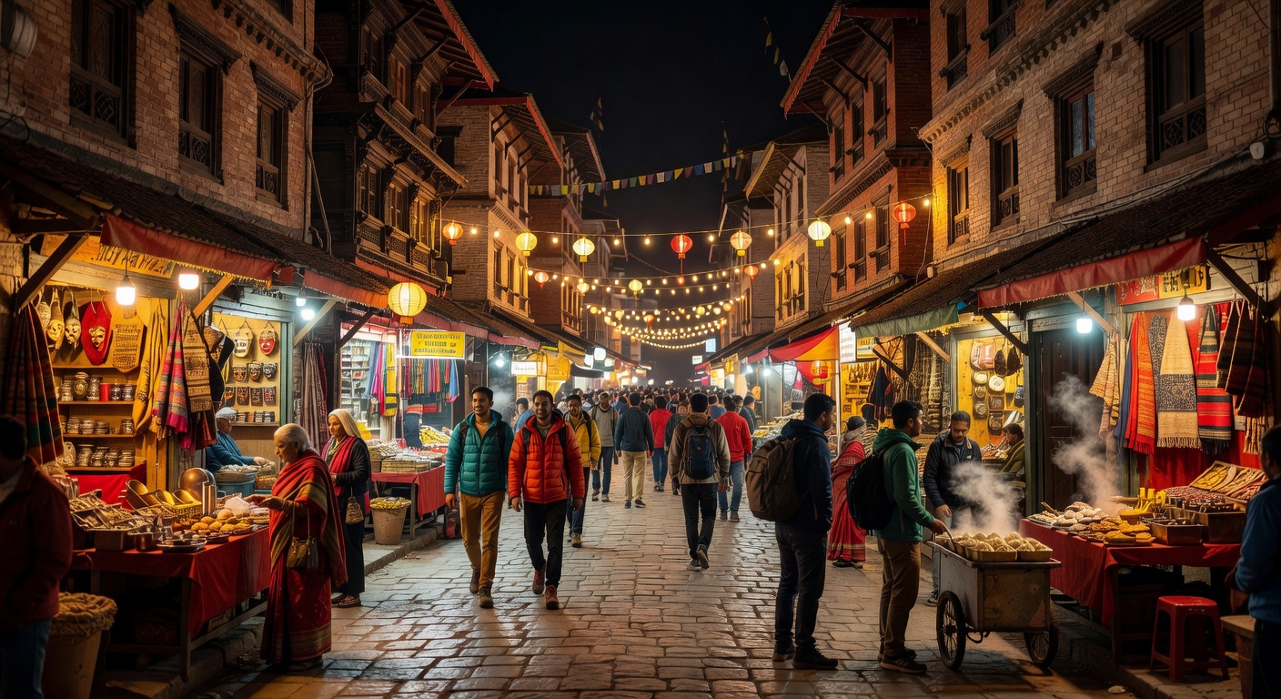 atmospheric Himalayan tourist district, warm lights, no text
