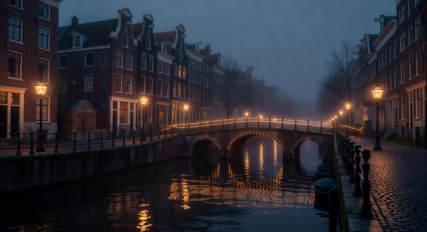 historic buildings, bridge lights reflecting on water, moody Dutch lighting, editorial style, no text