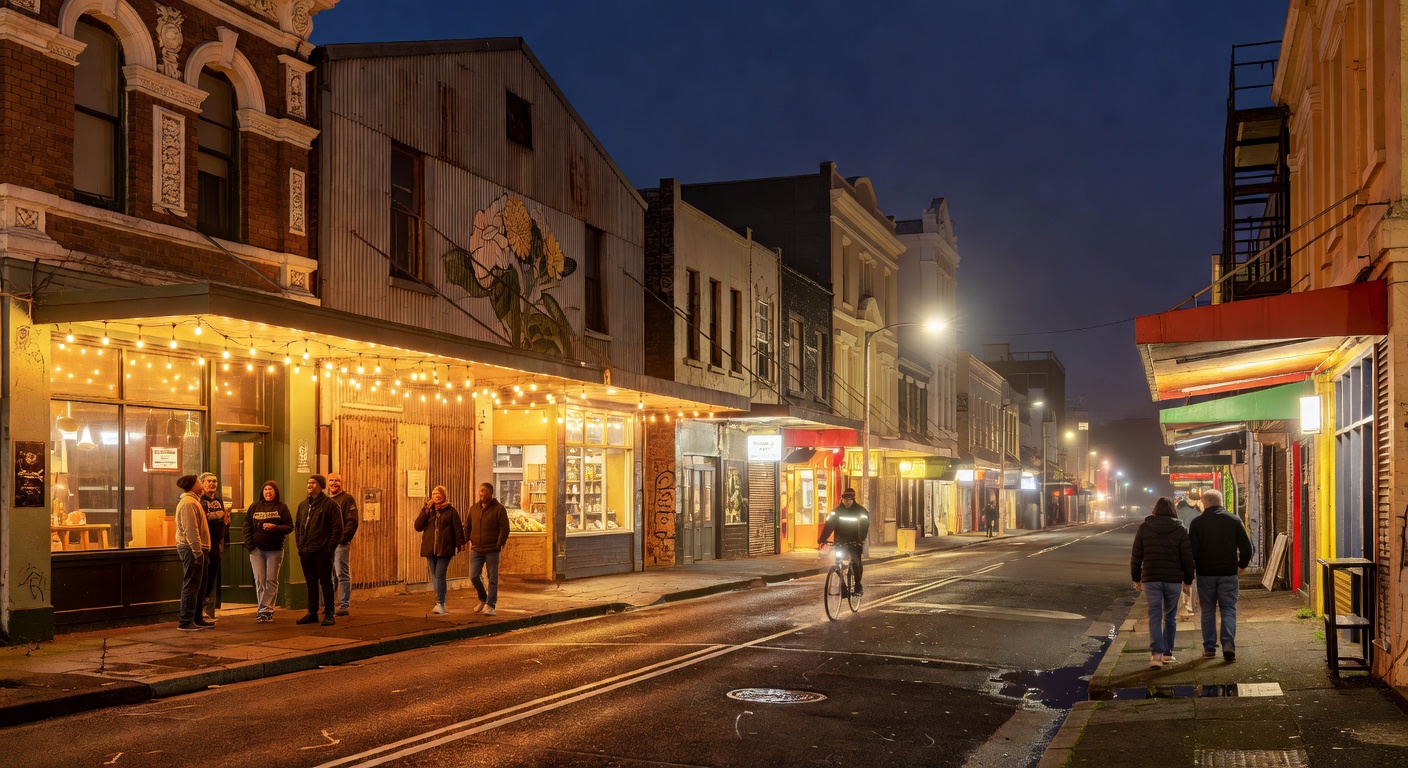 eclectic Kiwi street, warm bar-front lights, atmospheric, no text
