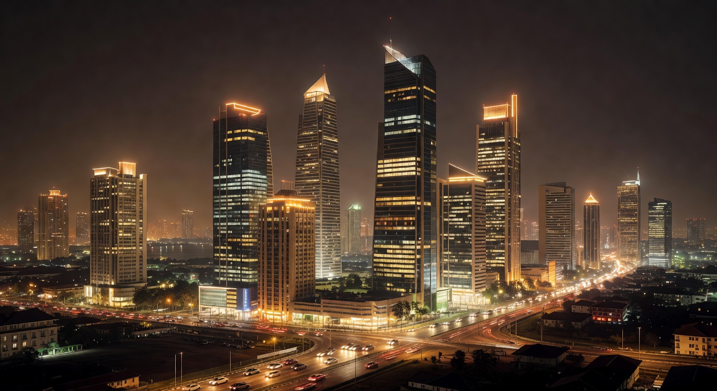 modern Nigerian cityscape, warm atmospheric lights, no text