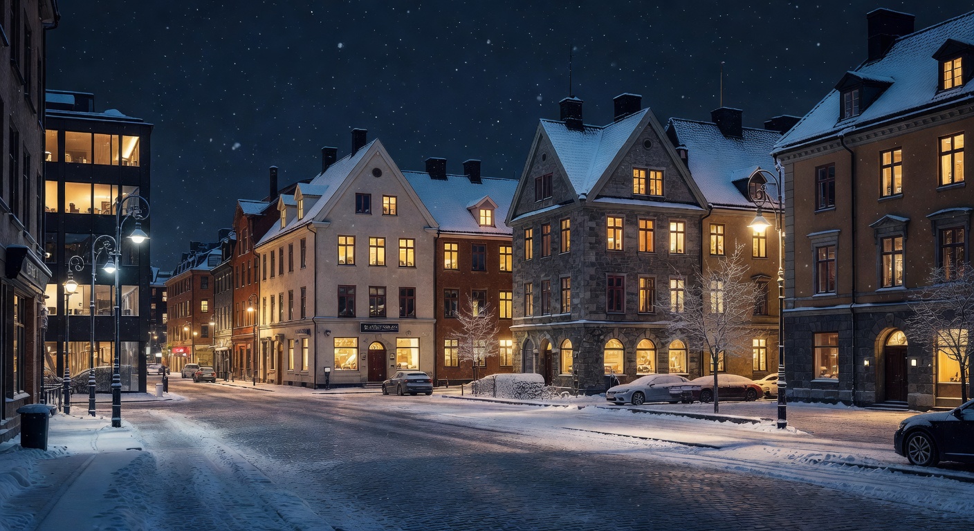 Norwegian architecture with warm window glow, cold winter atmosphere, cinematic, no text