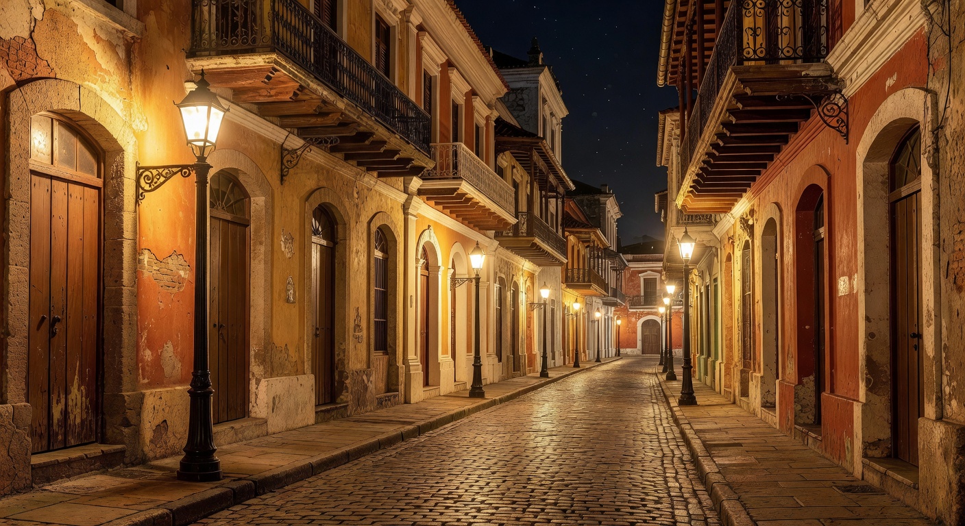 restored colonial architecture, warm street lamps, no text