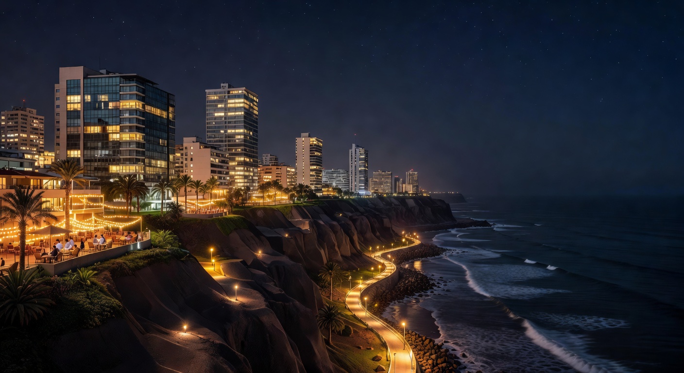 ocean cliff lights, modern Peruvian capital, warm atmosphere, no text