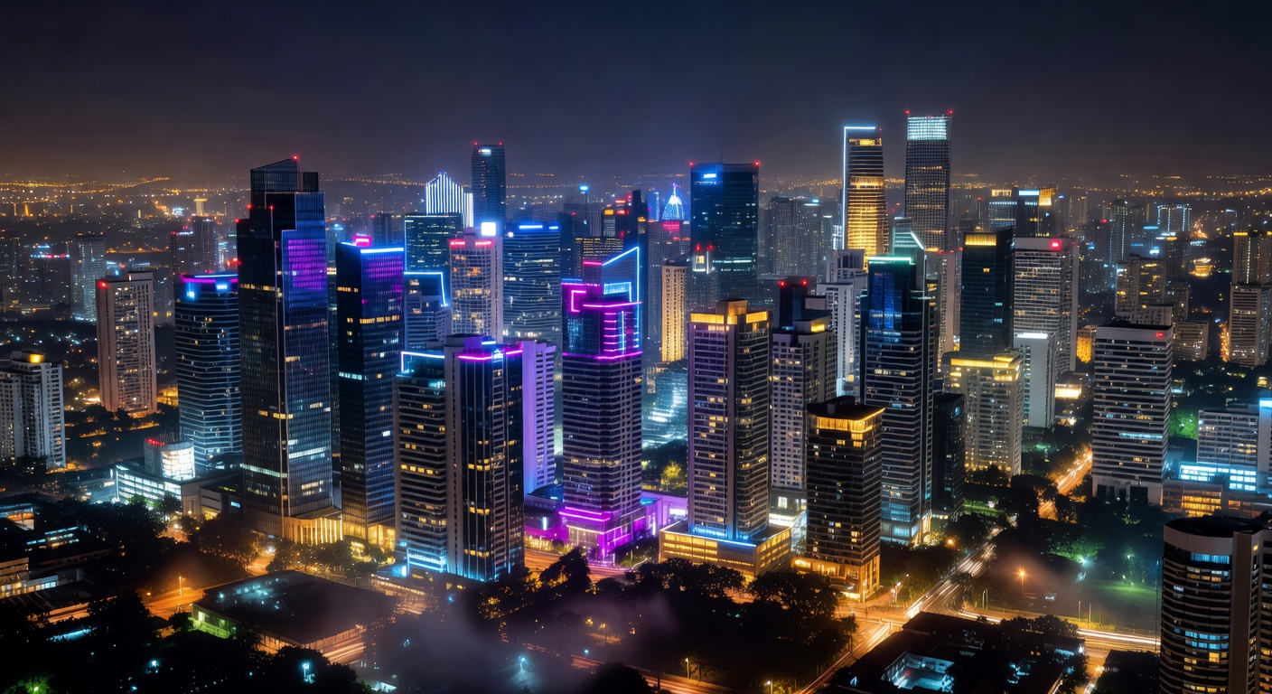 modern towers with colorful lights, tropical warm evening atmosphere, no text