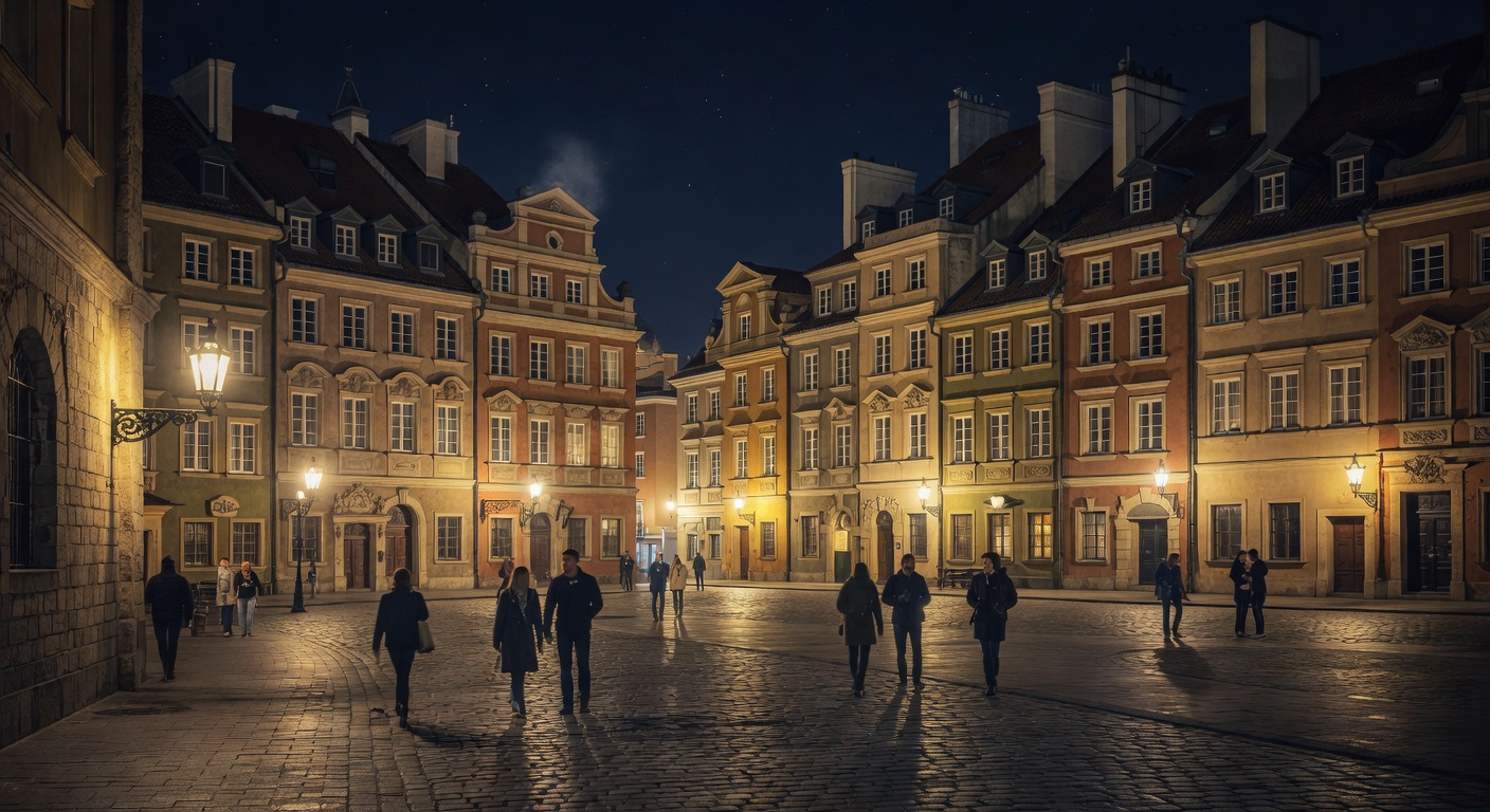 restored historic facades, warm street lamps, atmospheric Polish capital, no text