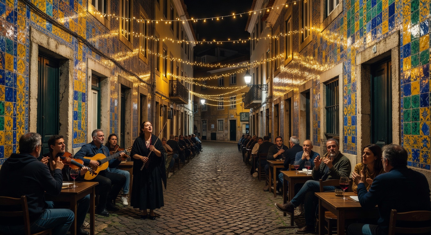 colorful tiled buildings, narrow hilly street, warm overhead string lights, fado bar atmosphere, no text