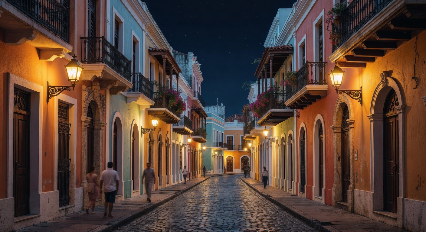 Spanish colonial architecture, warm cobbled streets, atmospheric Caribbean, no text