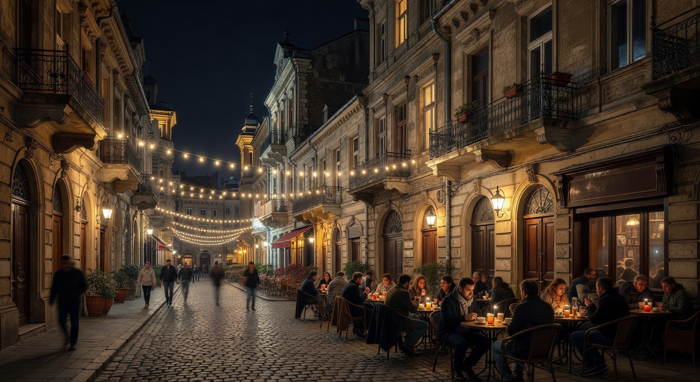atmospheric Romanian capital, warm lights, no text