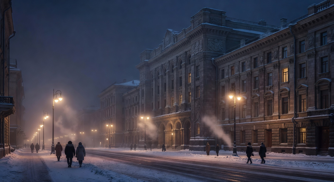 monumental Russian architecture, snow-dusted streets, atmospheric, no text