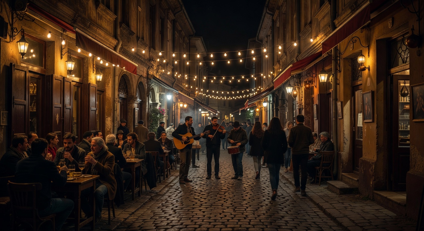 atmospheric Serbian bohemian street, warm lights, no text