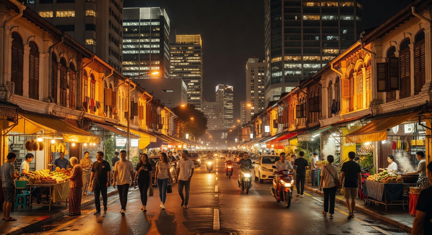 atmospheric urban street, warm lights, modern Asian city, no text
