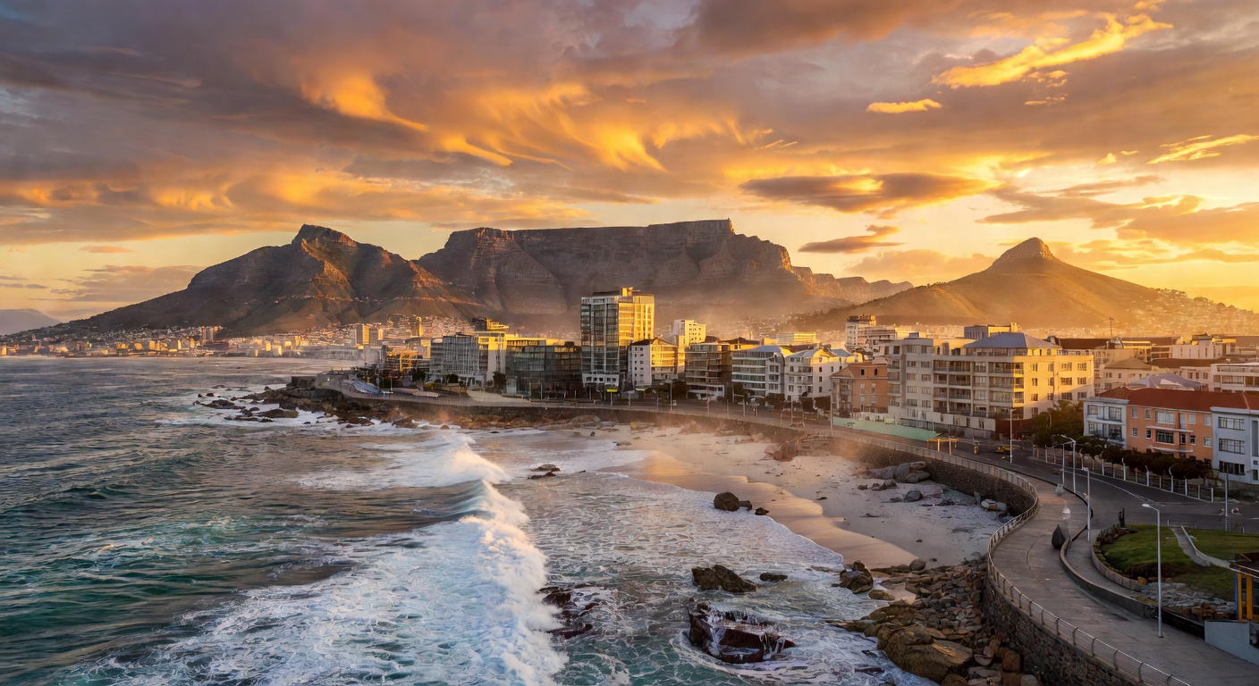 atmospheric South African coast, warm golden hour, no text