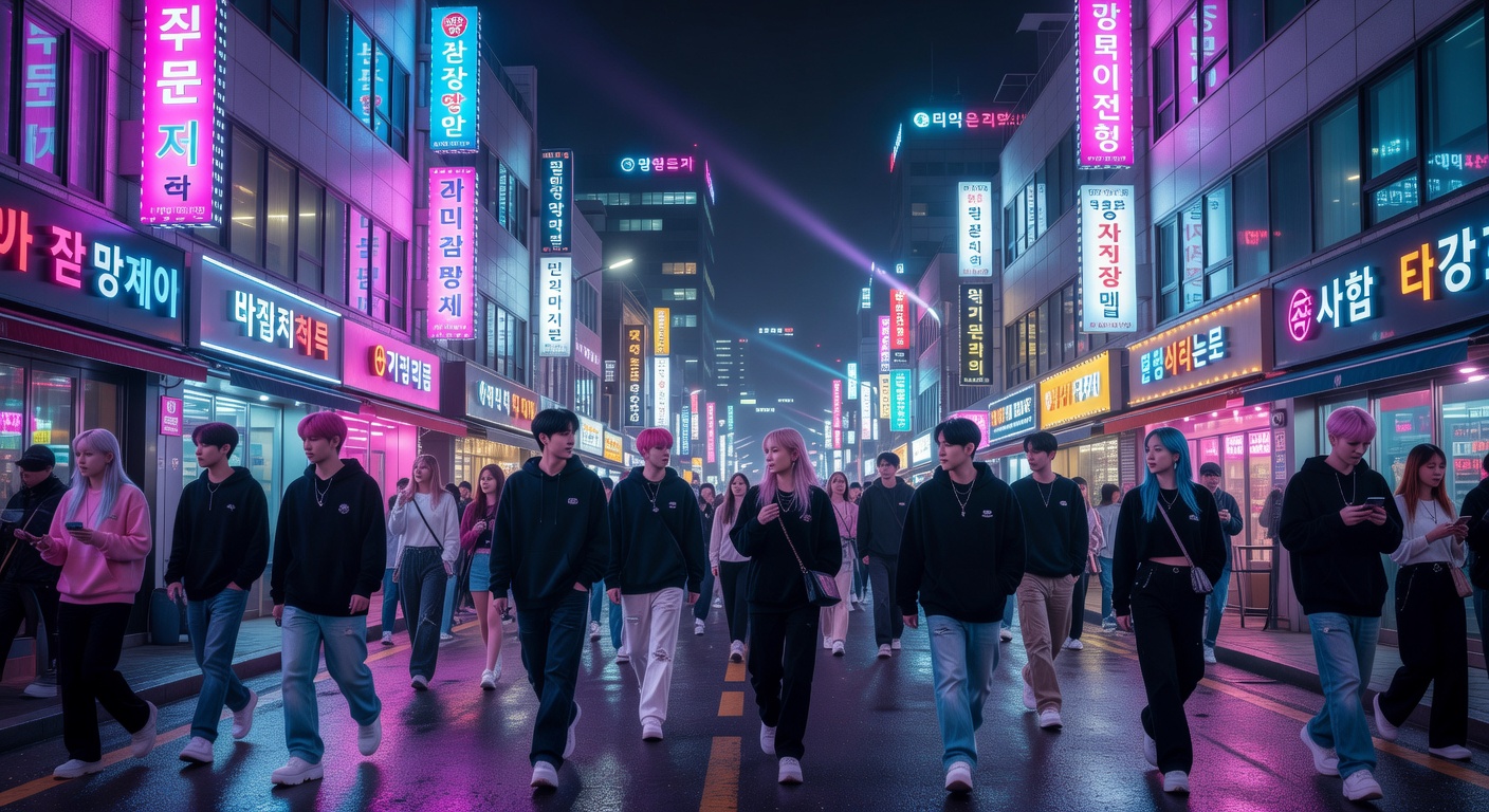 neon Korean signs, modern K-pop era street scene, atmospheric, no text