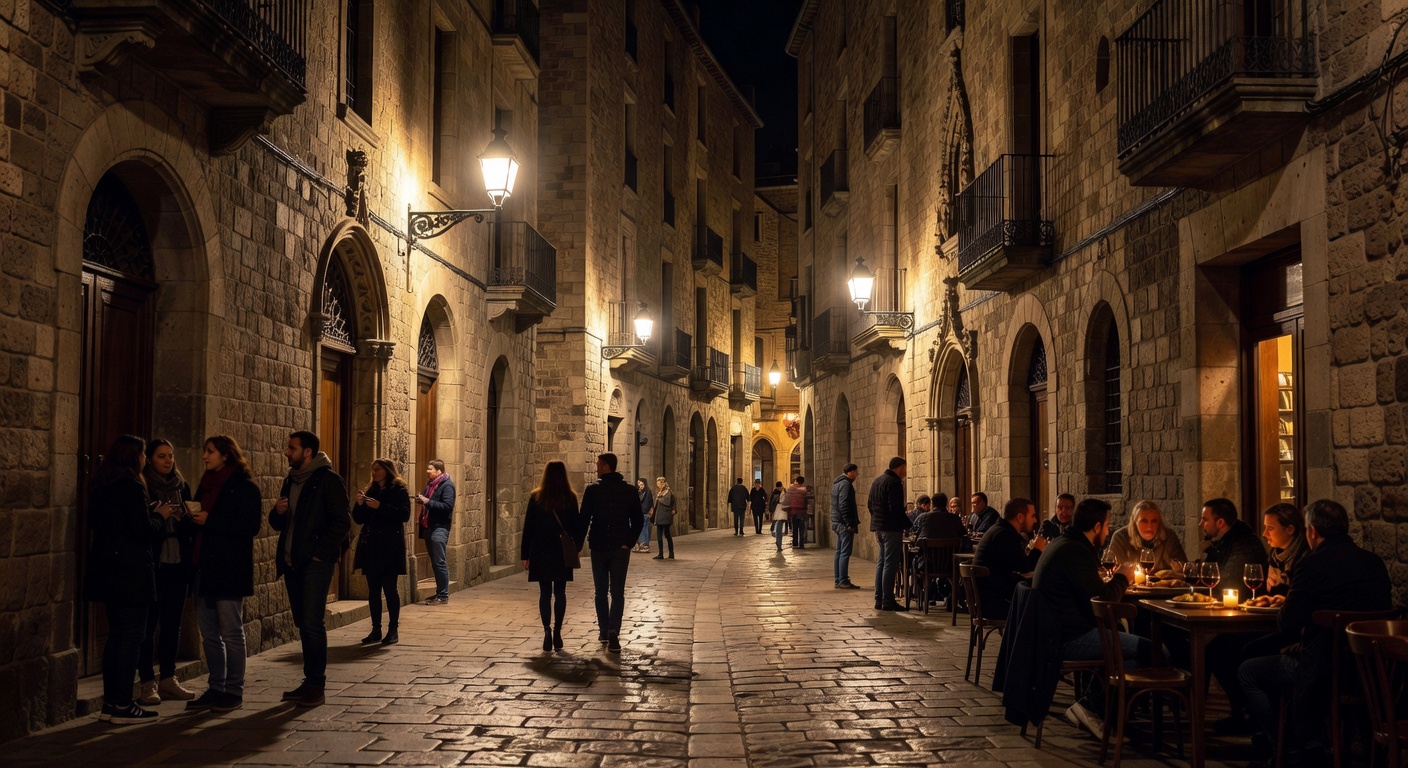 narrow medieval stone streets with warm overhead lighting, atmospheric European nightlife ambiance, no text