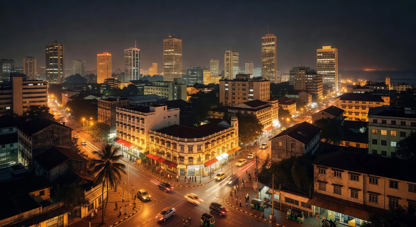 Sri Lankan cityscape, warm street lights, atmospheric, no text