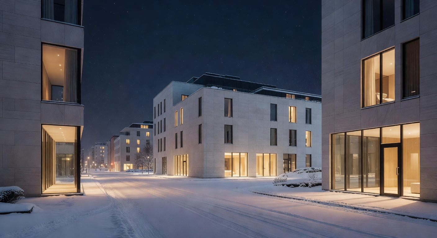 Scandinavian modern architecture, warm window lights, snow-dusted streets, atmospheric, no text