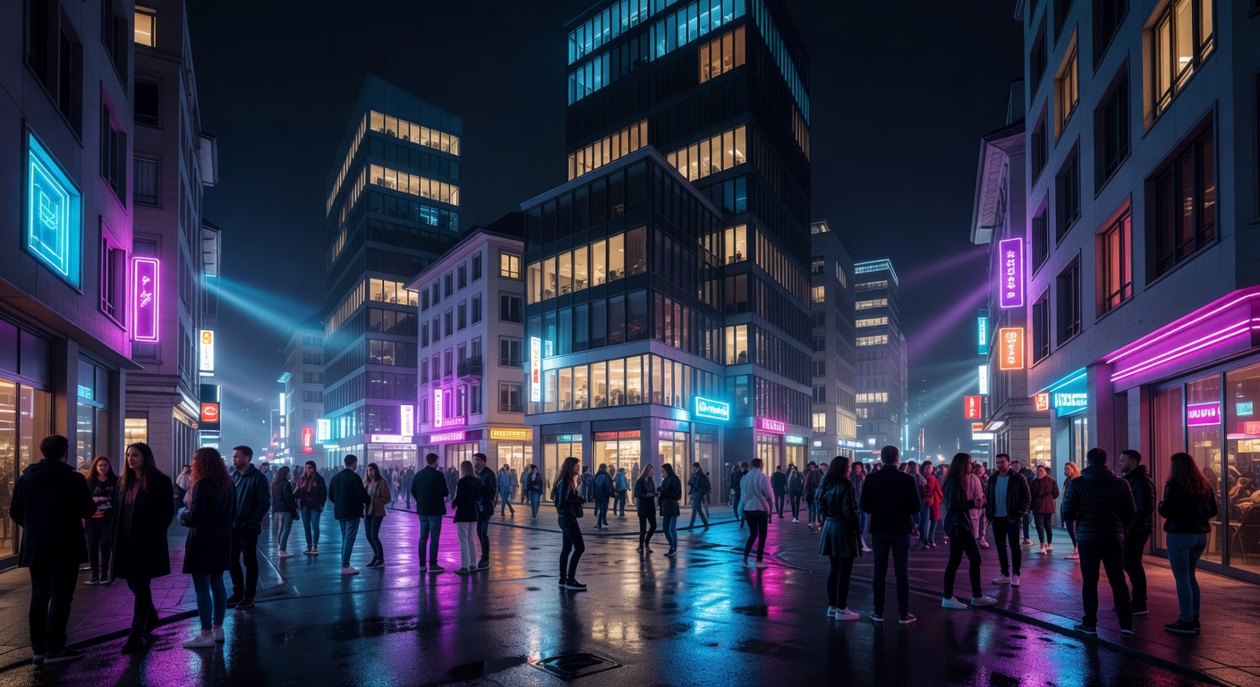 neon-lit district, modern Swiss architecture, urban nightlife atmosphere, no text