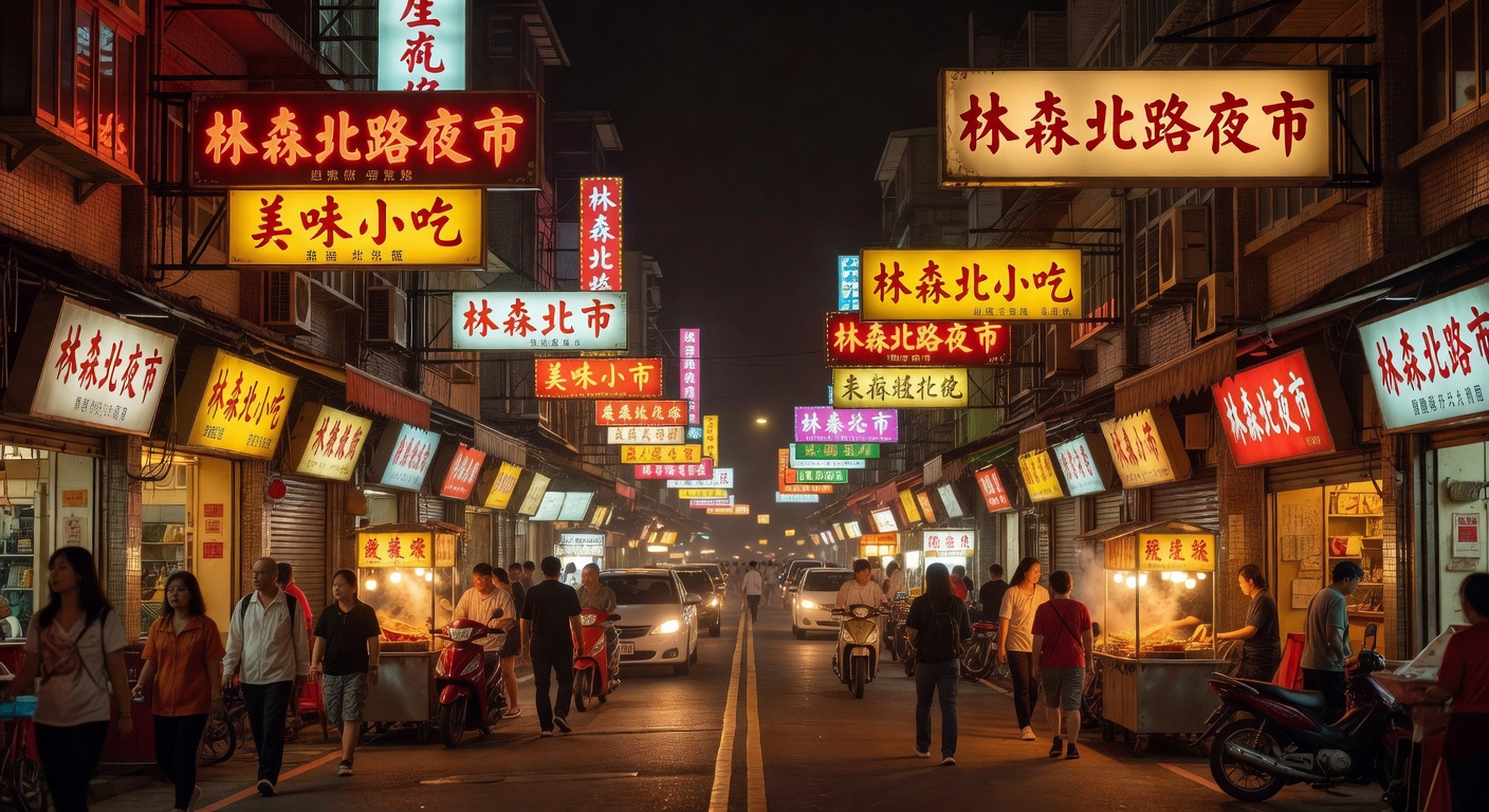 neon Taiwanese signs, warm atmospheric urban scene, no text