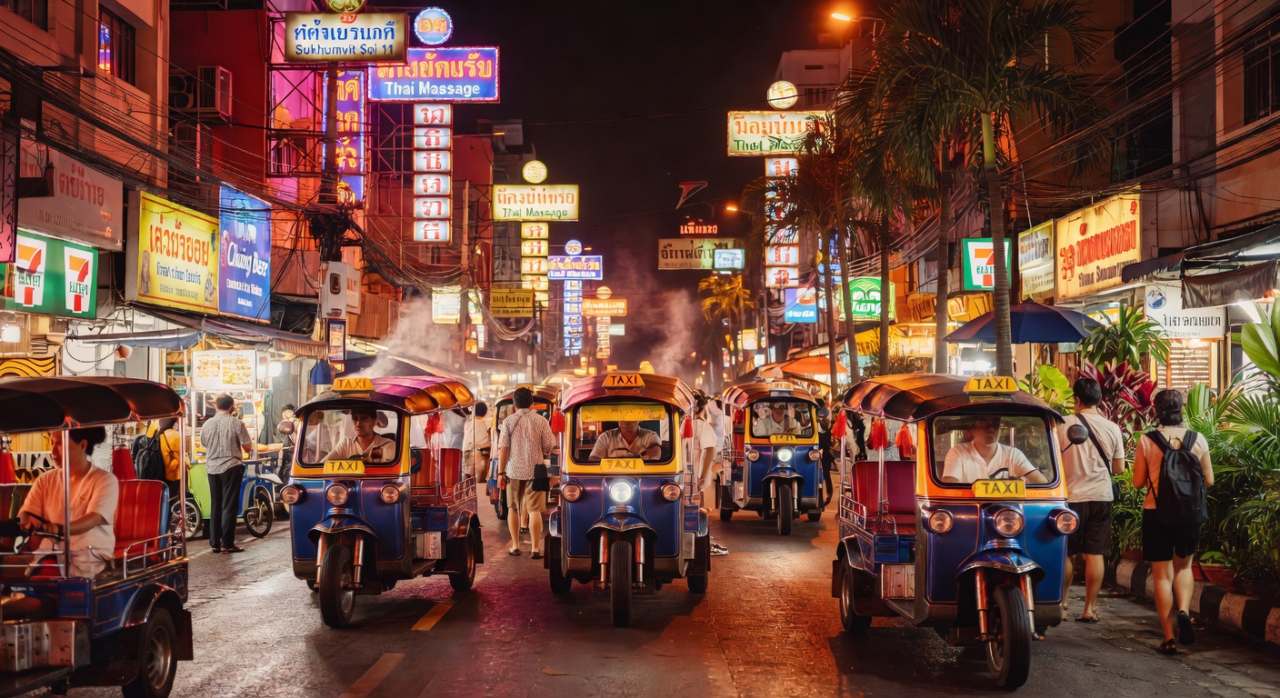 warm tropical atmosphere, street scene, tuk-tuks, editorial photography, no text