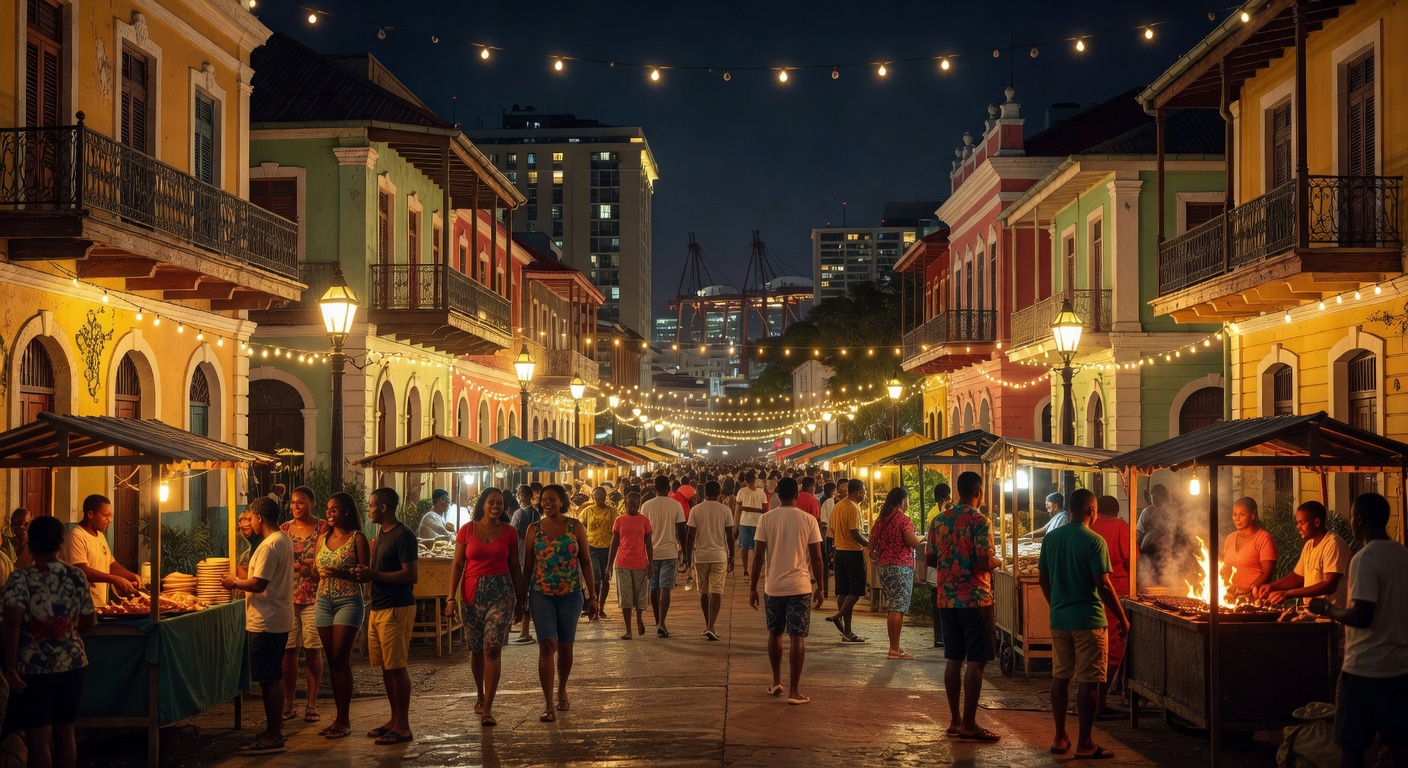 Trinidadian street scene, warm Caribbean lights, atmospheric, no text