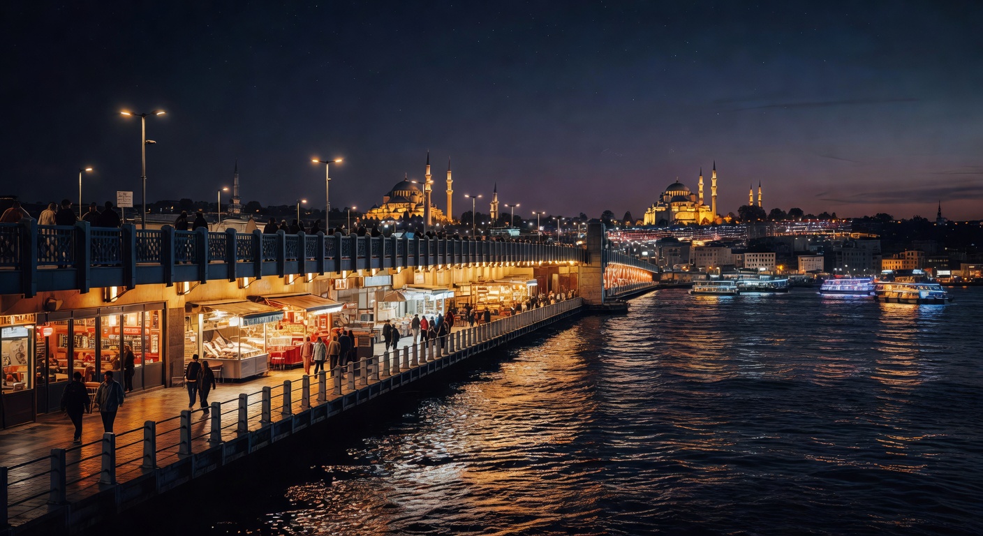 Bosphorus reflections, mosques silhouetted against sky, warm cinematic atmosphere, no text
