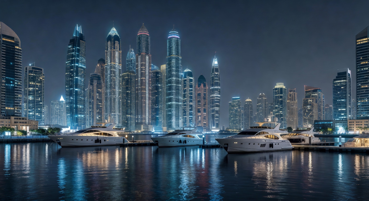 modern skyscrapers, warm yacht lights, atmospheric Gulf cityscape, no text