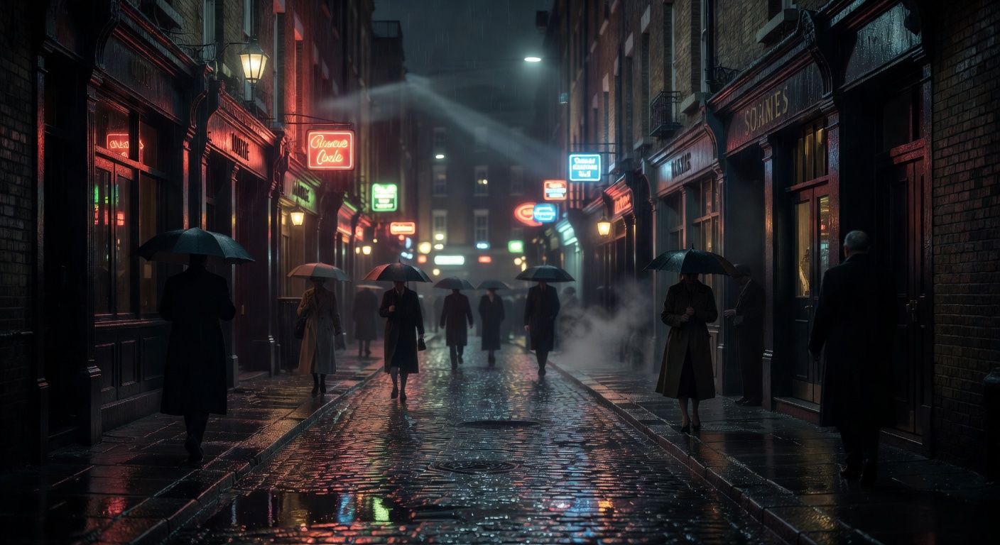 vintage neon signs, narrow streets, classic British nightlife atmosphere, cinematic, no text