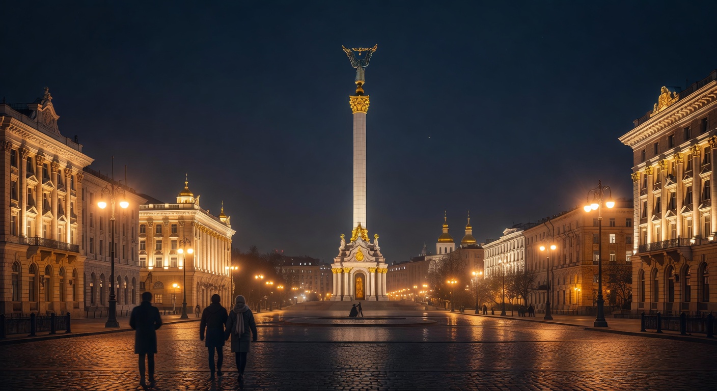 atmospheric Ukrainian capital, warm lights, no text