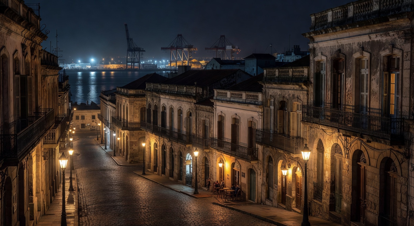 atmospheric Uruguayan port-city architecture, warm lights, no text