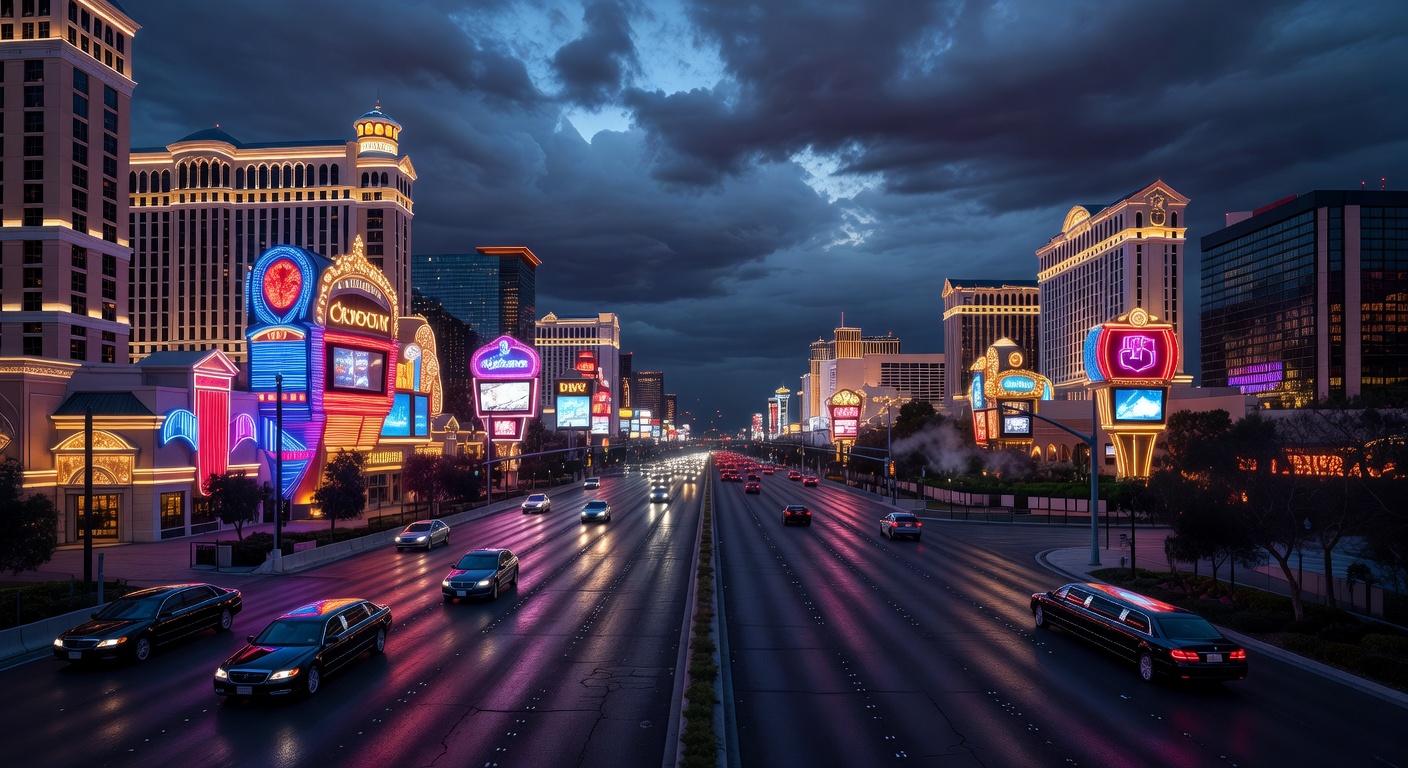 dramatic neon casino lights, wide boulevard, cinematic sky, editorial photography, no text