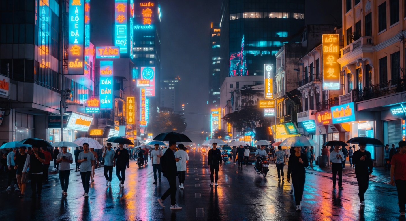 neon Vietnamese signs, modern Saigon scene, atmospheric, no text