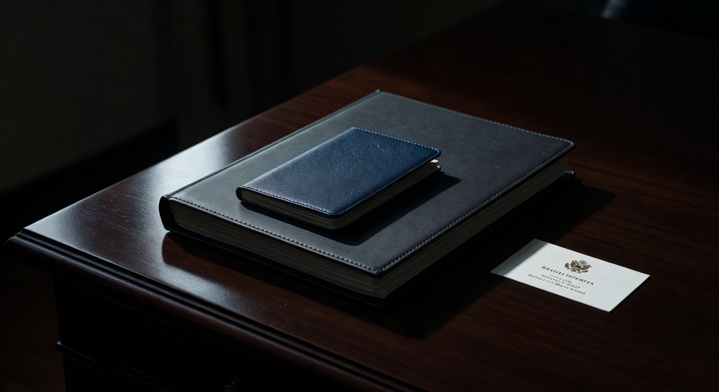 legal document folder, and embassy business card on a dark desk, dramatic side lighting, serious authoritative tone, no text