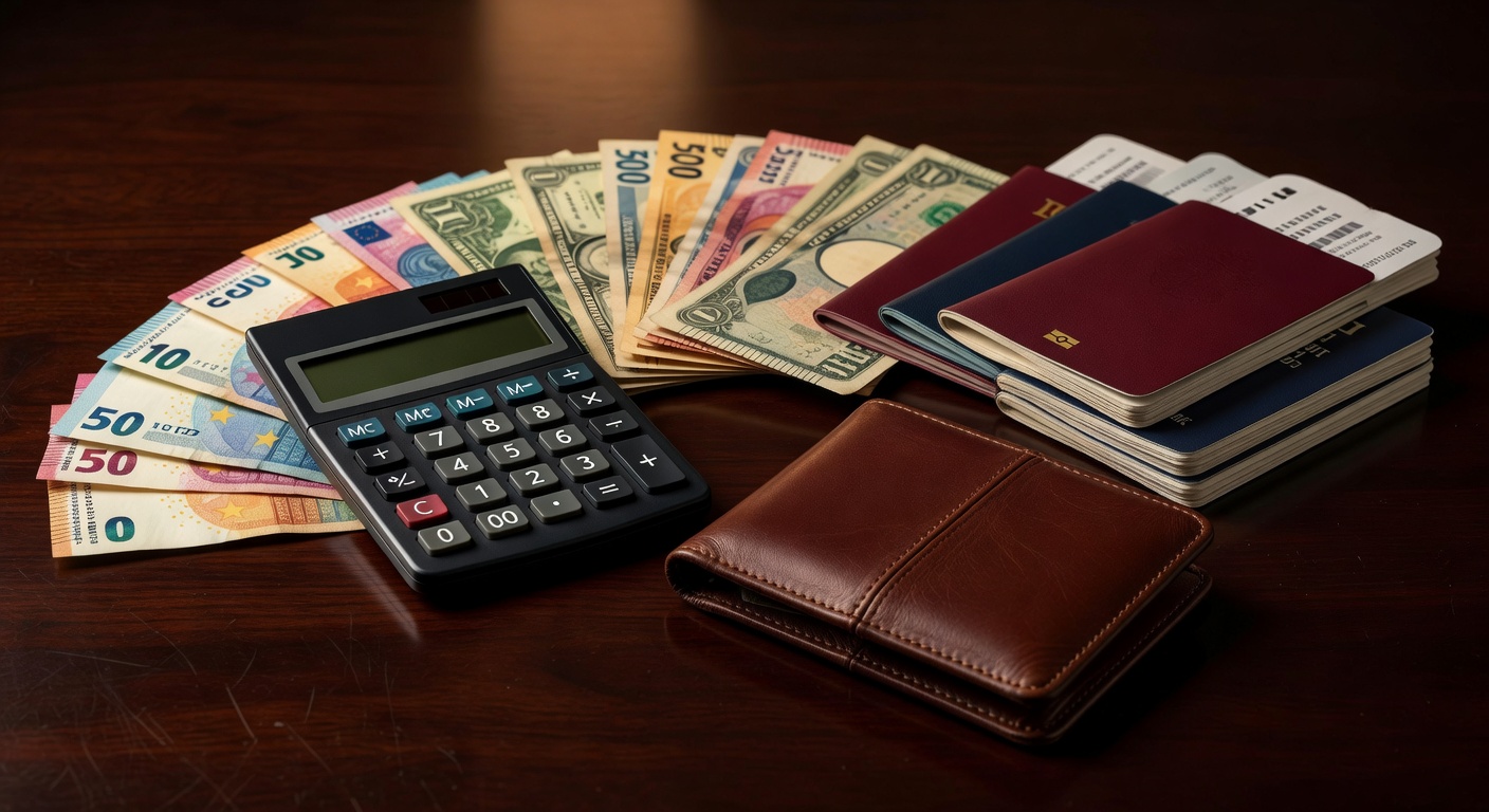 foreign currency fanned out, travel documents, leather wallet, on a dark polished surface, warm editorial lighting, no text