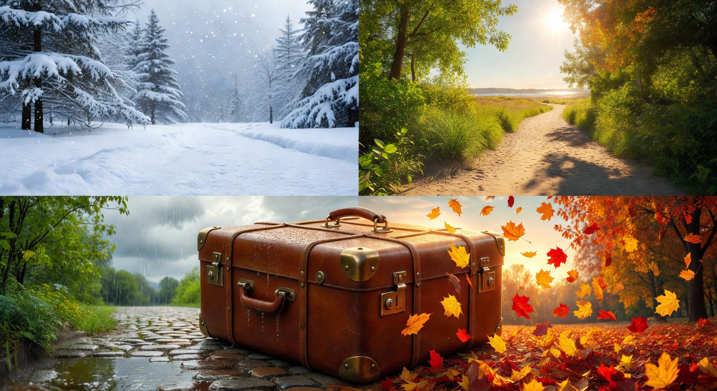 sun, rain, autumn leaves), travel suitcase corner, warm light, no text