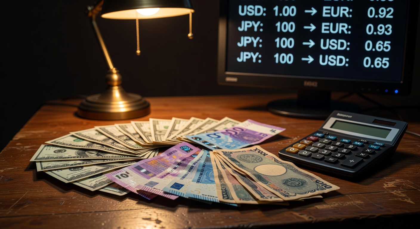 calculator, exchange rate display, warm light, no text