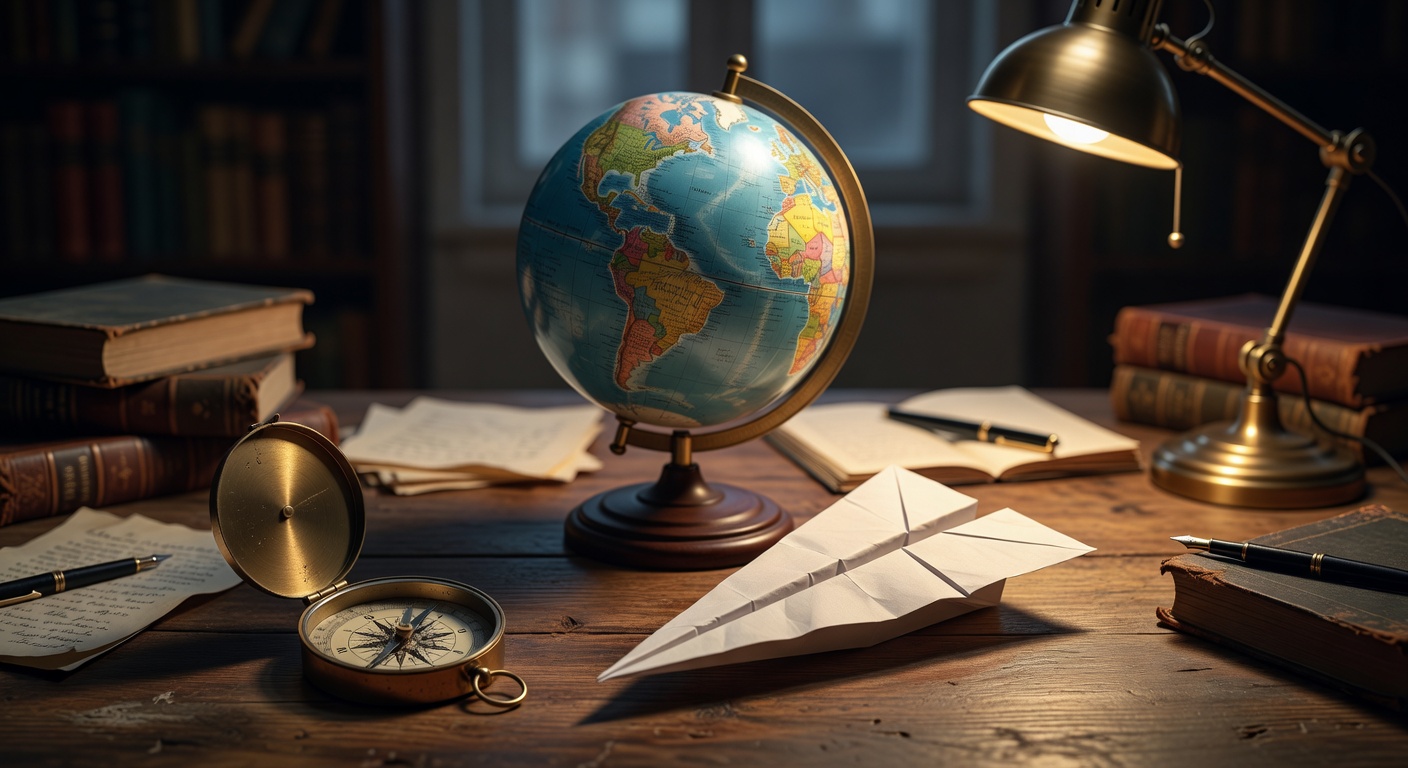paper plane, compass, study desk lamp light, no text