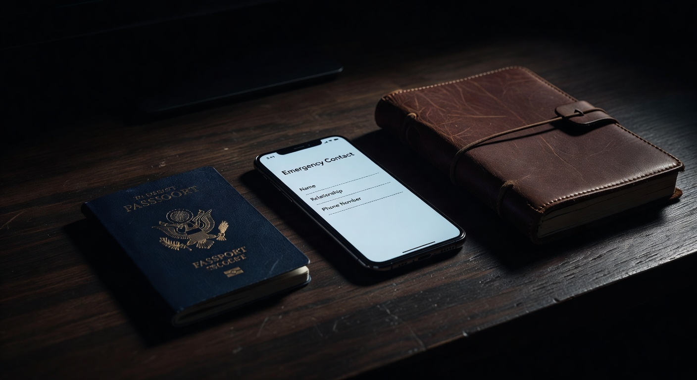 passport, leather notebook, serious authoritative tone, no text