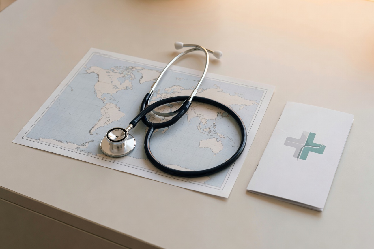 world map, clinic pamphlet, warm clinical light, no text