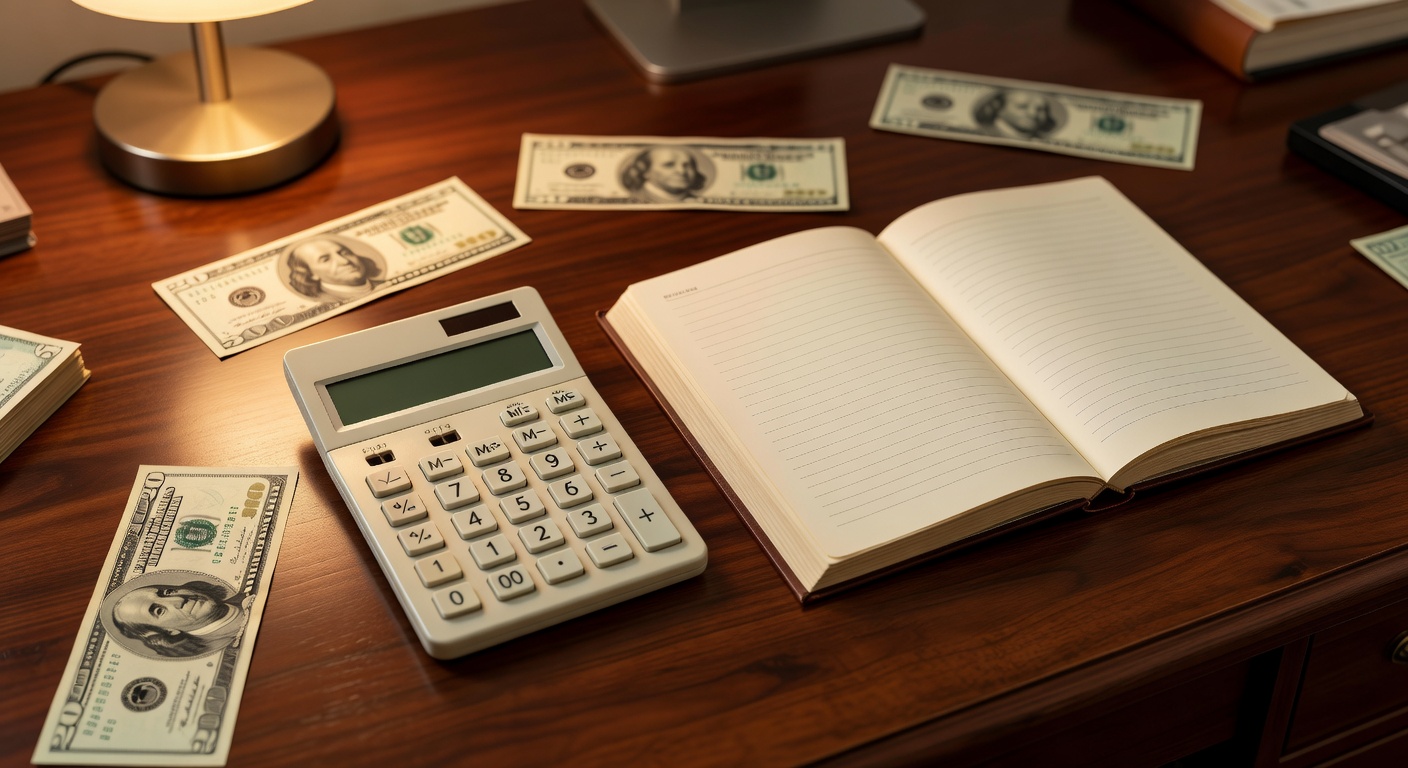 ledger, currency notes, warm light, no text