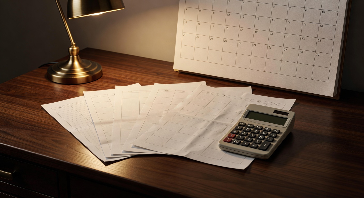 calculator, calendar, warm desk light, no text