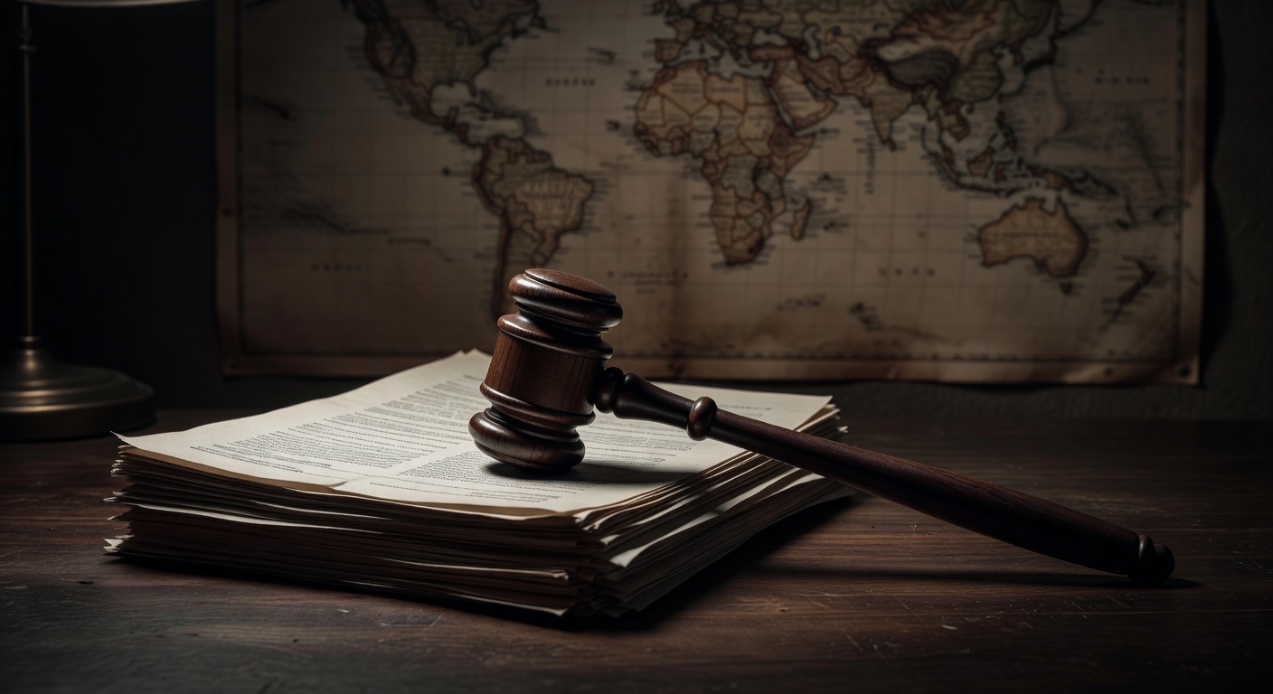 gavel, world map background, dark dramatic lighting, no text