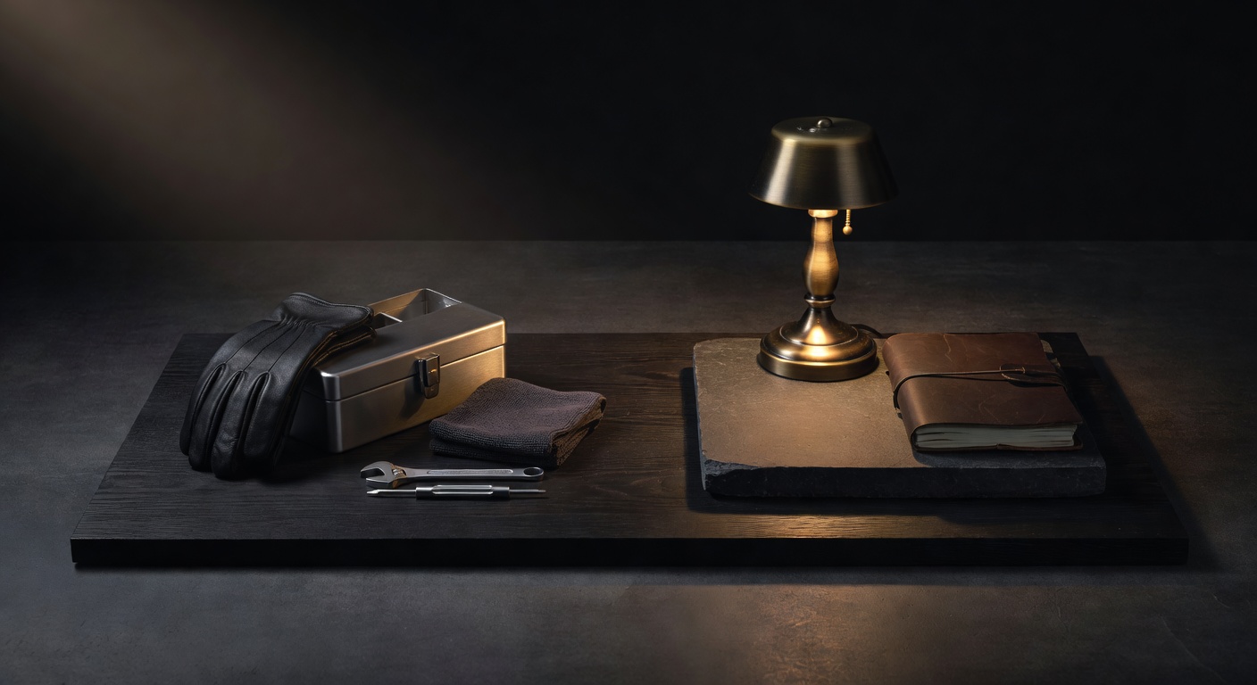 dark surface with warm focused light, sophisticated minimal composition, no text overlay