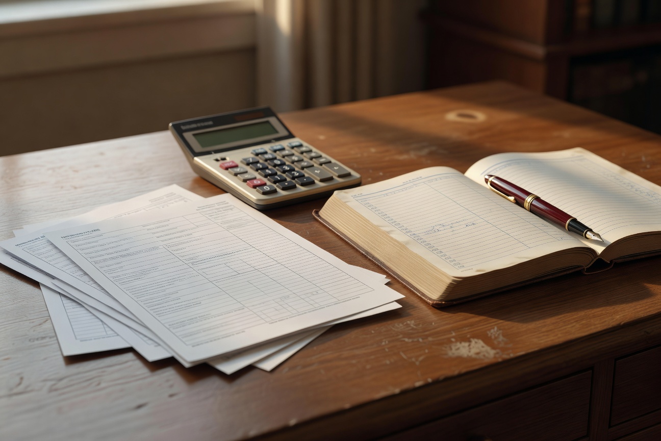 calculator, ledger book, fountain pen, warm editorial light, no text